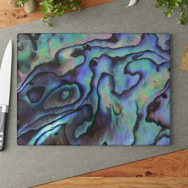 Paua shell look glass cutting board