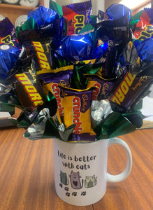 Life is better with cats mug with chocolate bouquet