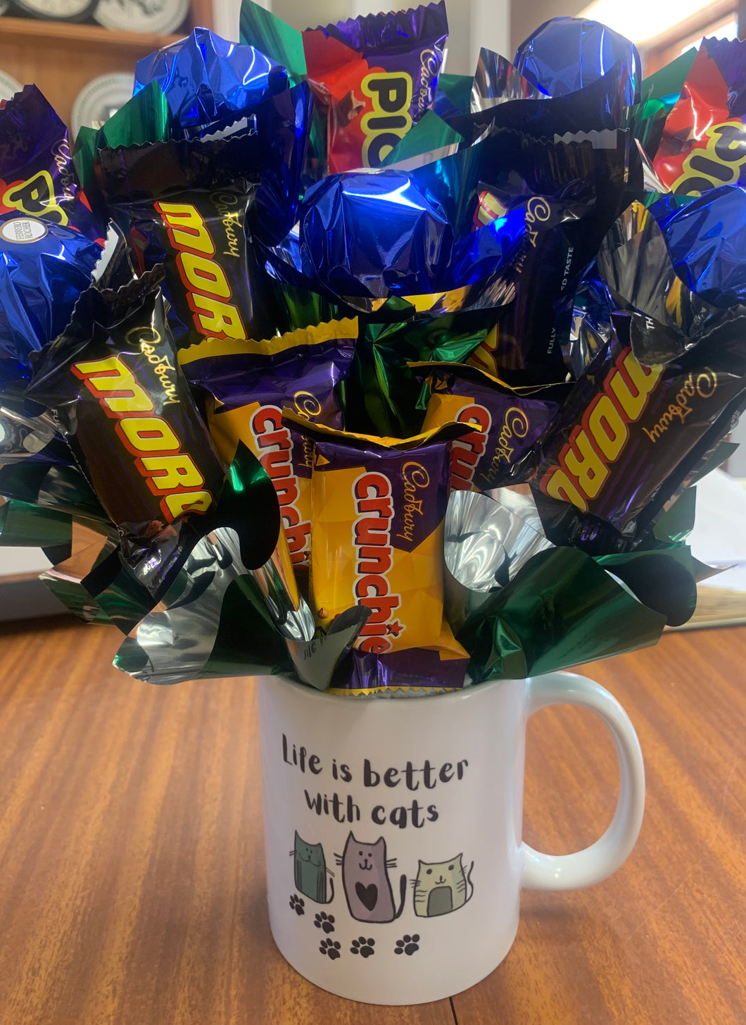 Life is better with cats mug with chocolate bouquet