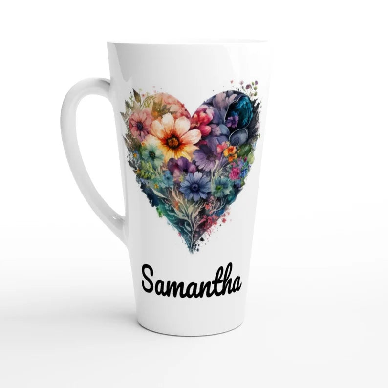 Personalised name heart mug with lollies or mug with chocolate/lolly bouquet